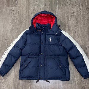 Polo Ralph Lauren Navy Red USA #18 Big Pony Down Hooded Puffer Jacket Coat